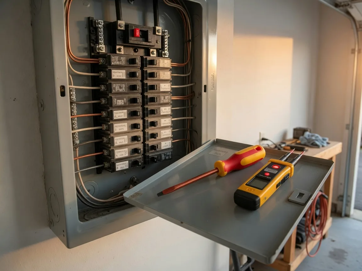 An open residential electrical panel with a voltage tester, the kind of work a licensed electrician handles