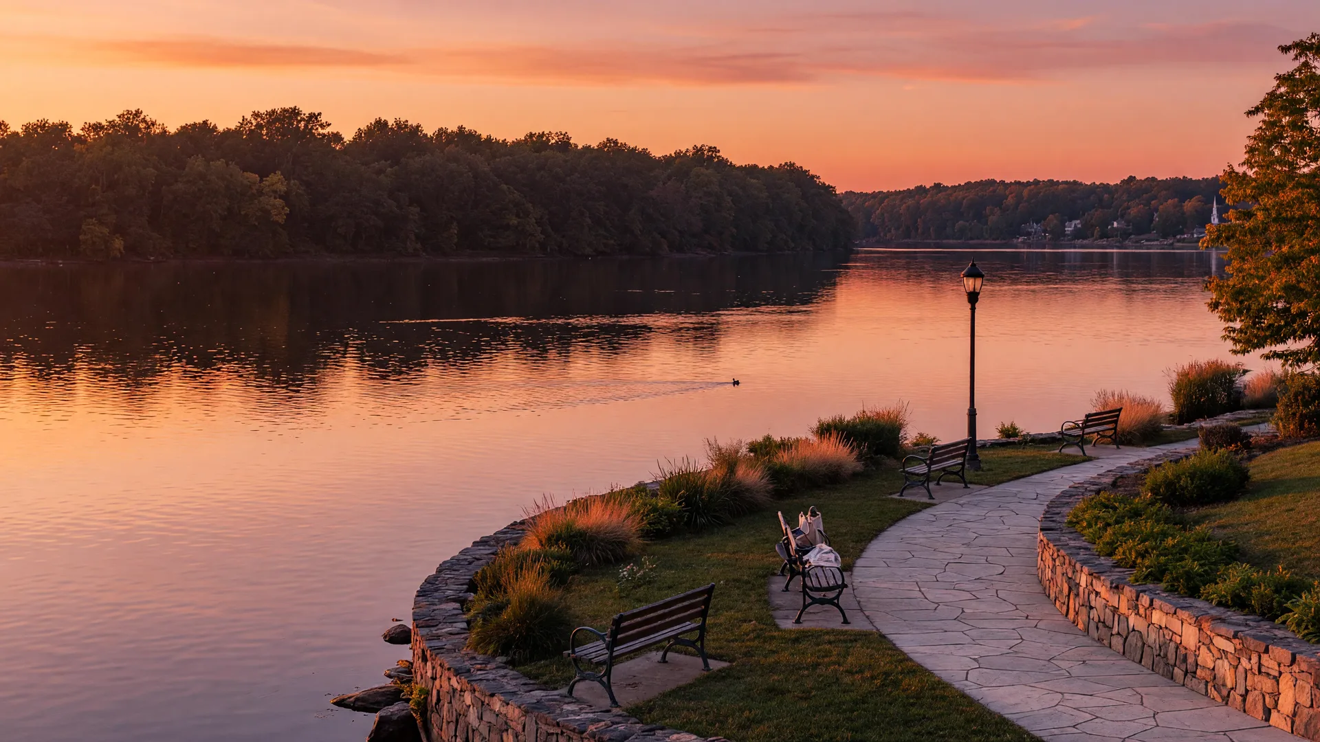Delaware River waterfront at golden hour near Riverton, NJ