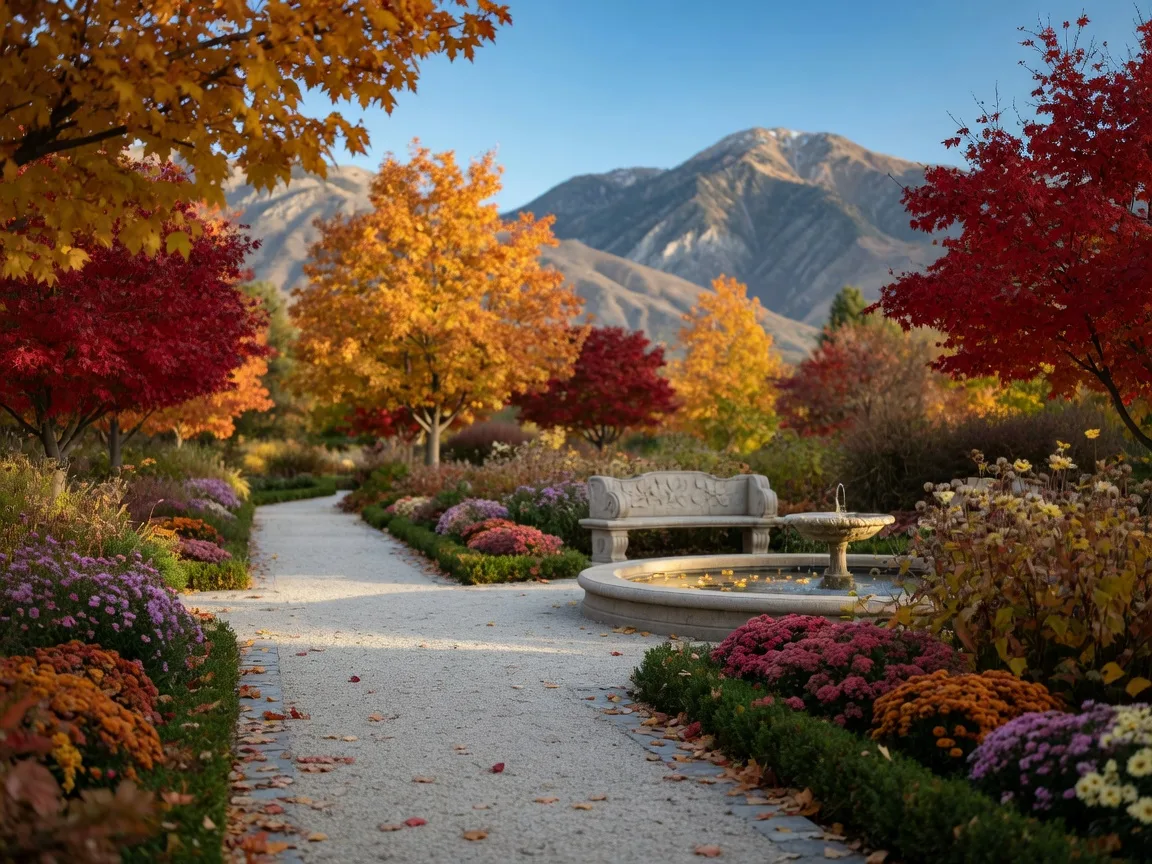 Autumn path through the Ashton Gardens at Thanksgiving Point in Lehi, Utah, with maples and oaks in full crimson and gold and the Wasatch Mountains behind
