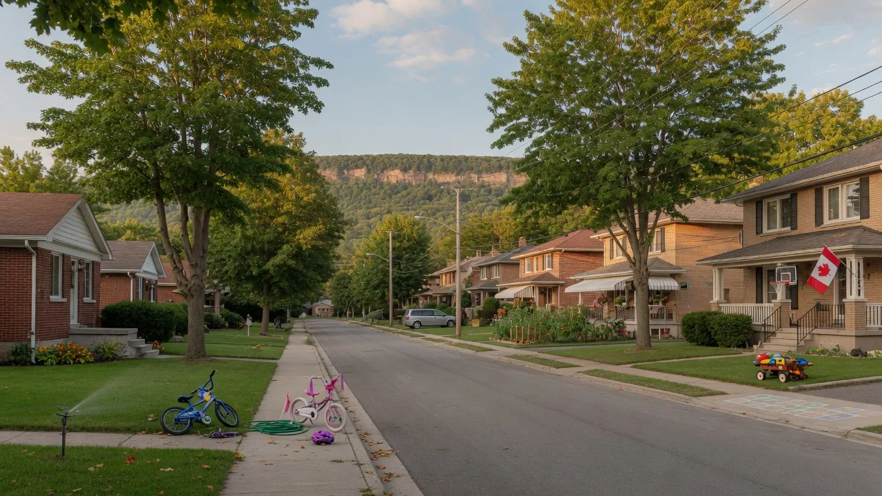 Quiet residential street on East Hamilton Mountain with brick homes and mature trees under warm late summer light