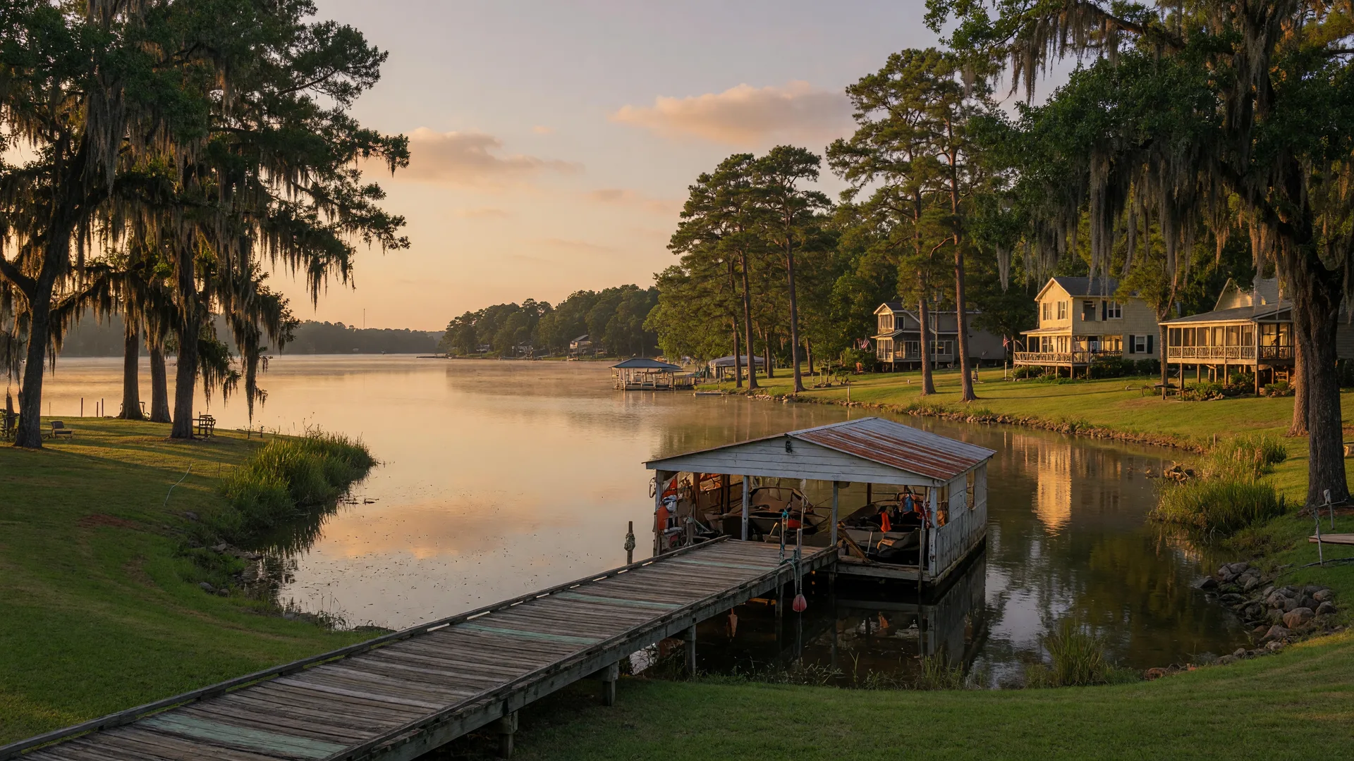 Golden-hour view of a Lake Murray waterfront community near Chapin, South Carolina