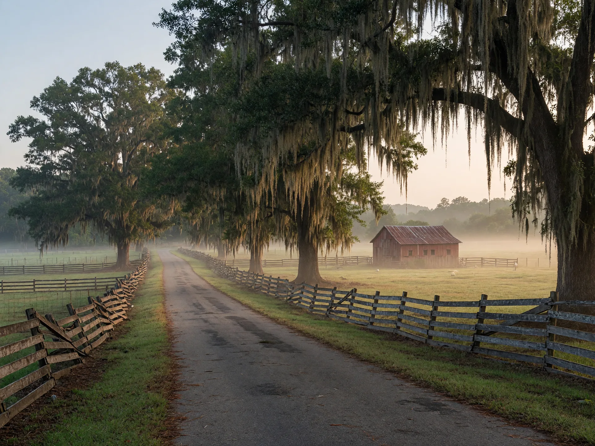 A quiet rural South Carolina country road lined with moss-draped live oaks and split-rail fencing, with a barn and pasture in the distance