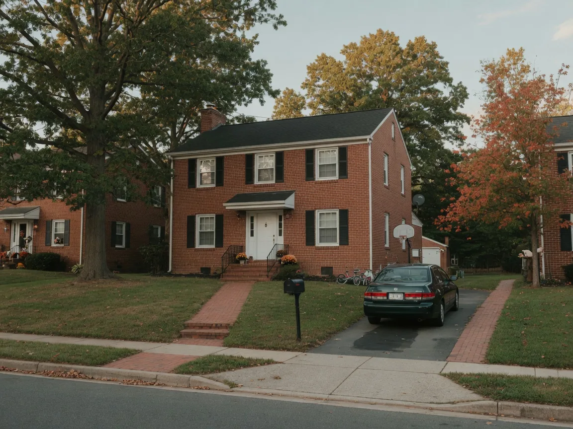 A classic red-brick colonial home on a leafy suburban Maryland street