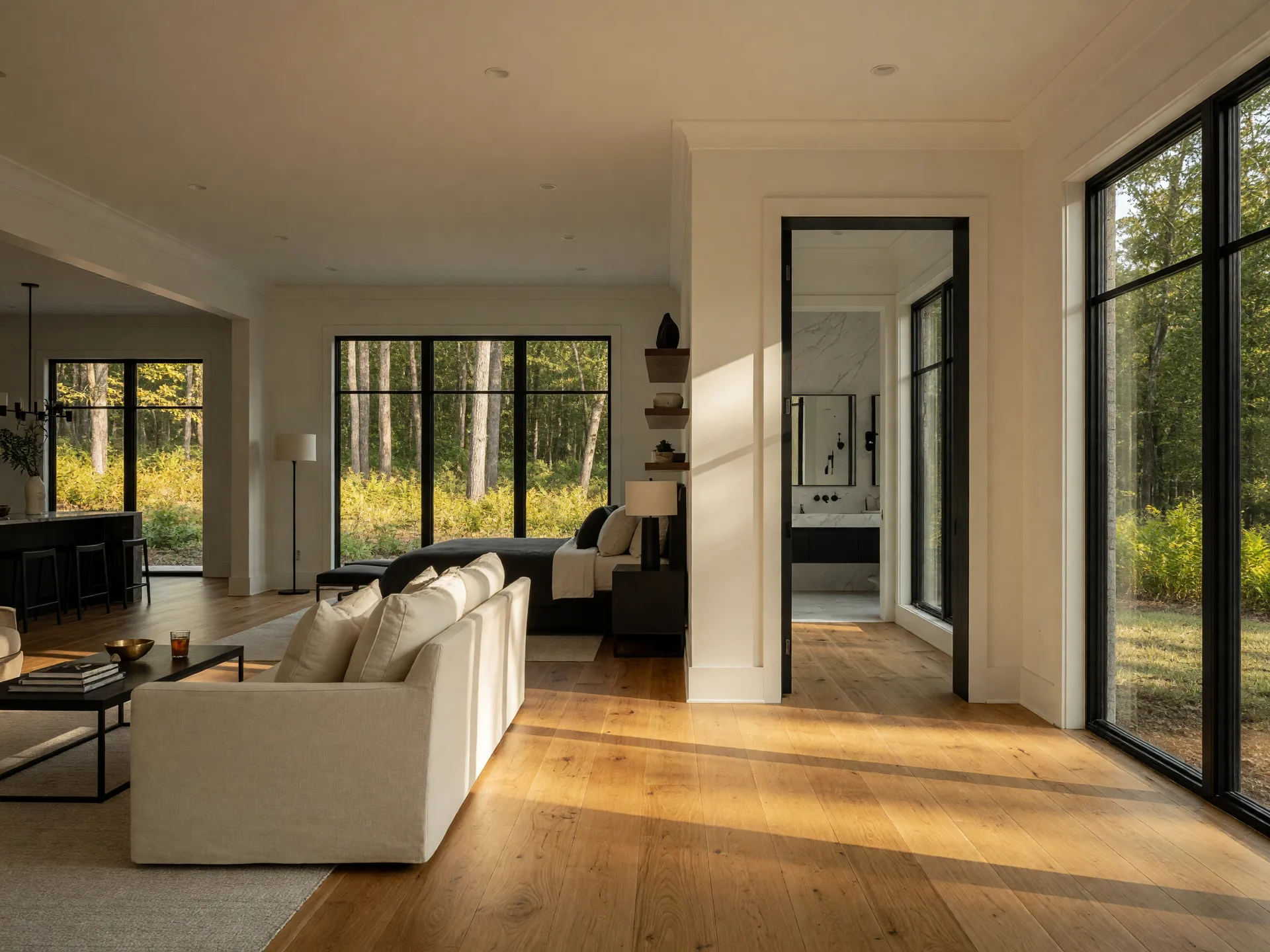 Bright open-concept great room in a luxury Knoxville single-level home with oak floors, a cream linen sofa, and floor-to-ceiling windows overlooking the woods