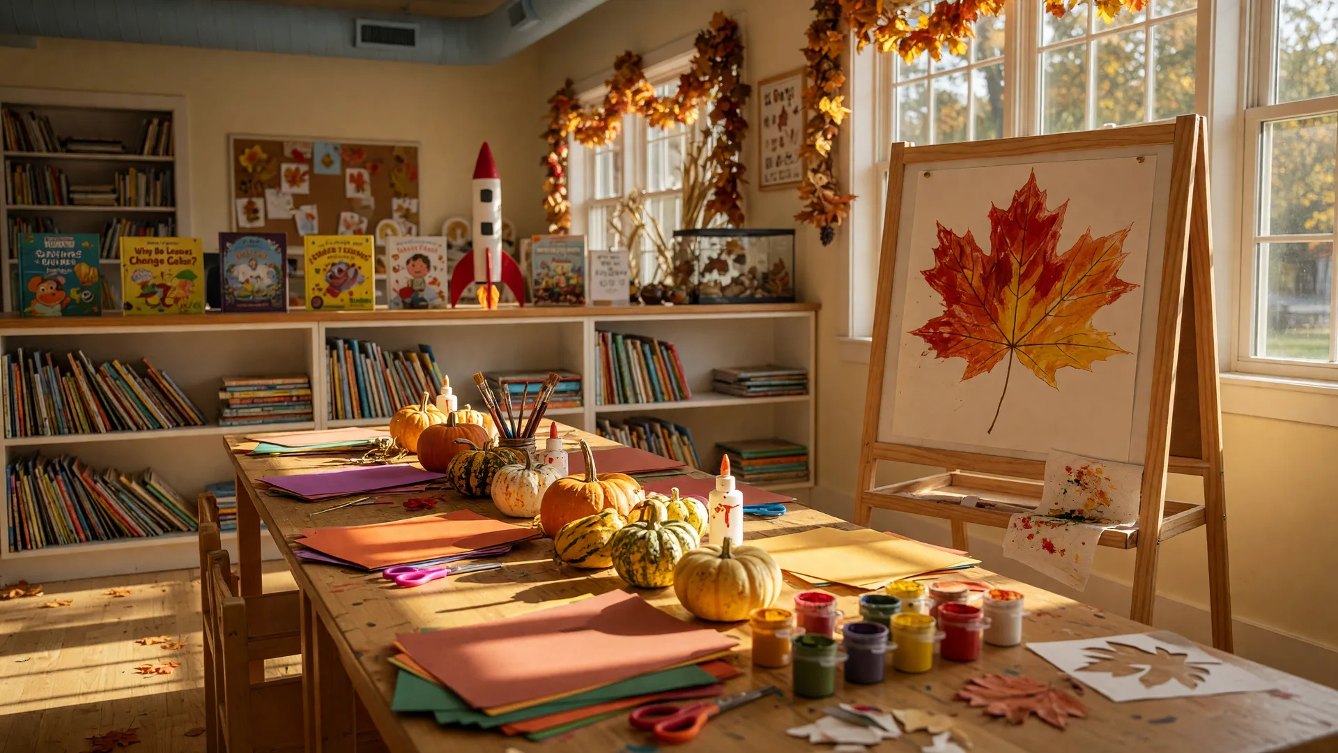 Autumn craft and science activity table with pumpkins, gourds, paint pots, and a child-sized easel at a bright children's museum activity space in the Lehigh Valley