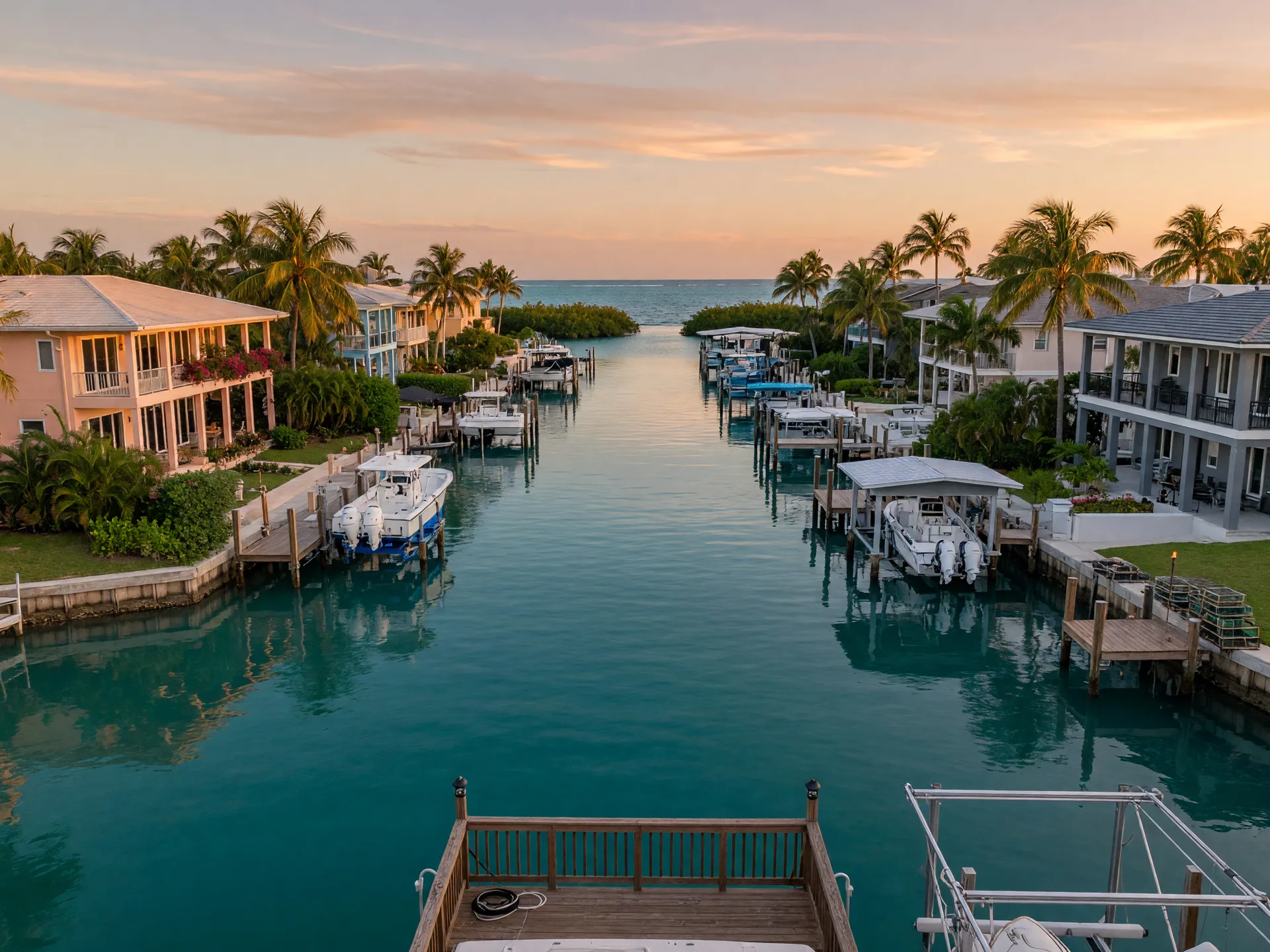 Golden-hour view looking down a wide deep-water canal in the Florida Keys from a private dock, luxury waterfront homes with boat lifts lining the water, the canal mouth opening to the open ocean in the distance