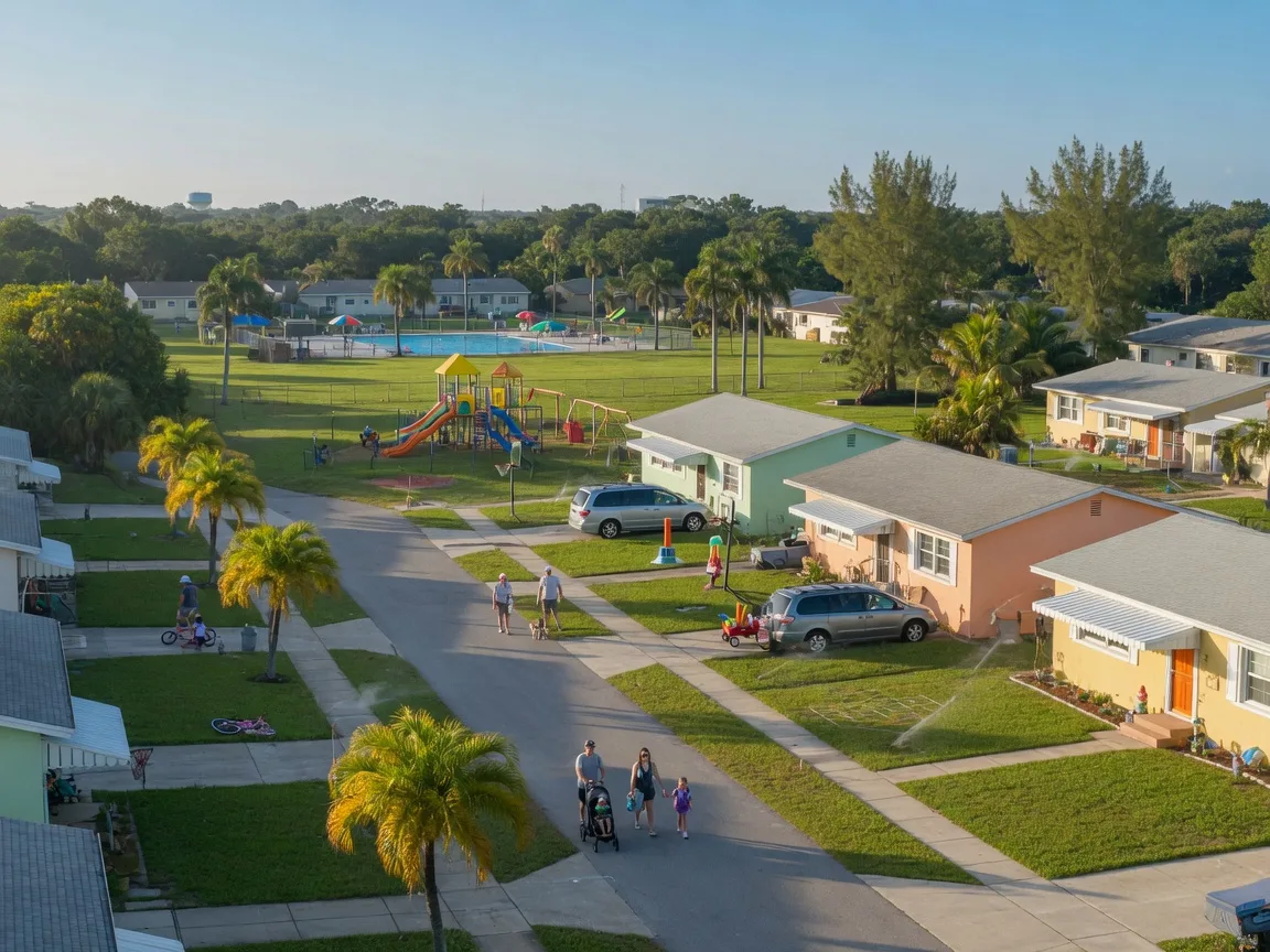 A palm-lined family neighborhood in Greenacres on a bright morning, with a park and community pool in the distance