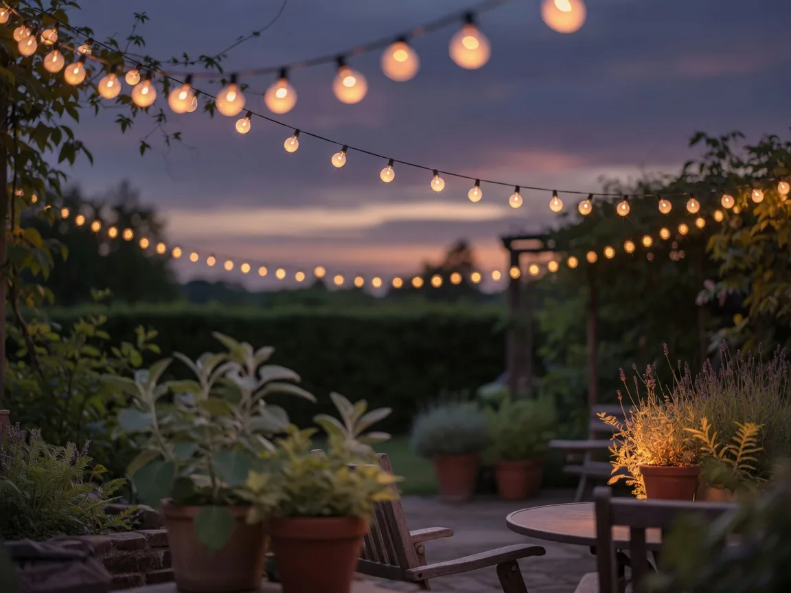 Warm string lights softly glowing over a garden patio at dusk