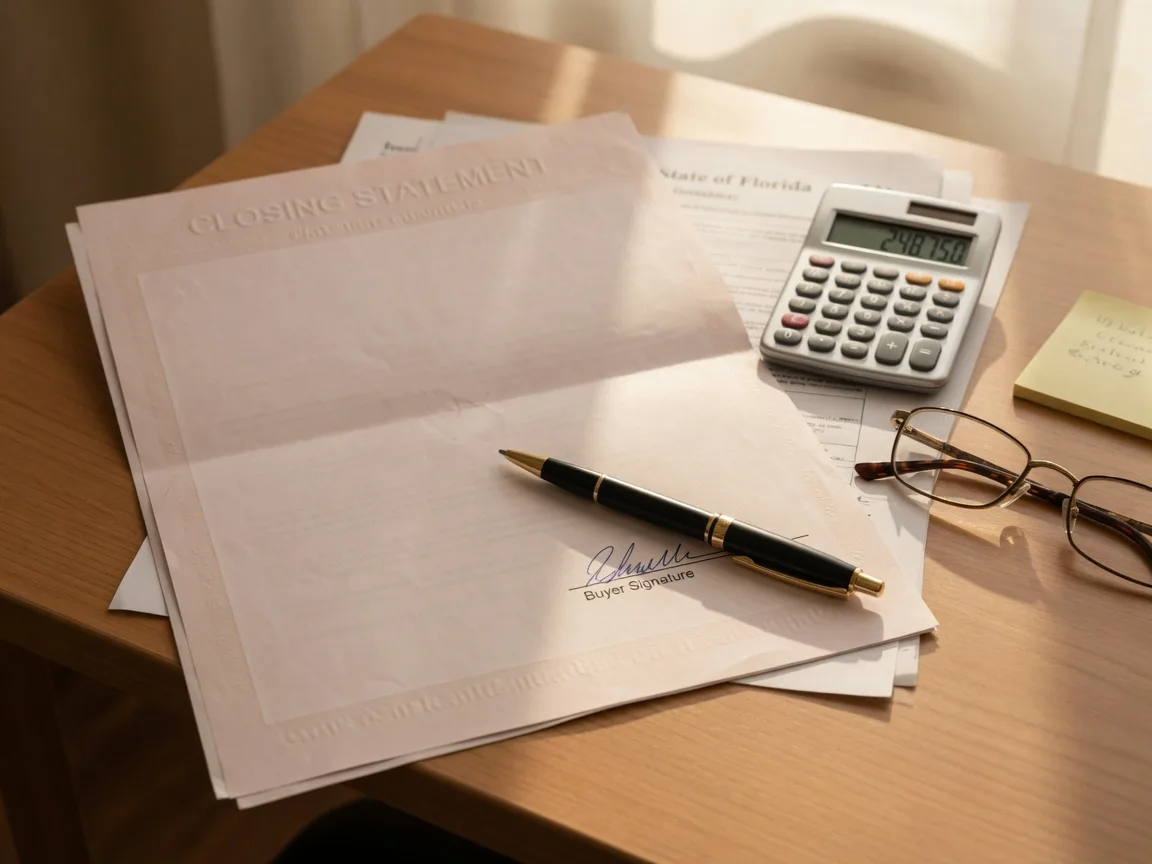 Florida home purchase closing document with pen, calculator, and reading glasses on a wooden desk