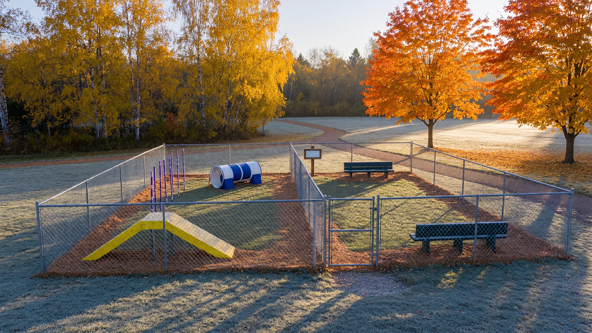 Newly built fenced dog park with agility equipment and benches among golden fall trees on a frosty October morning