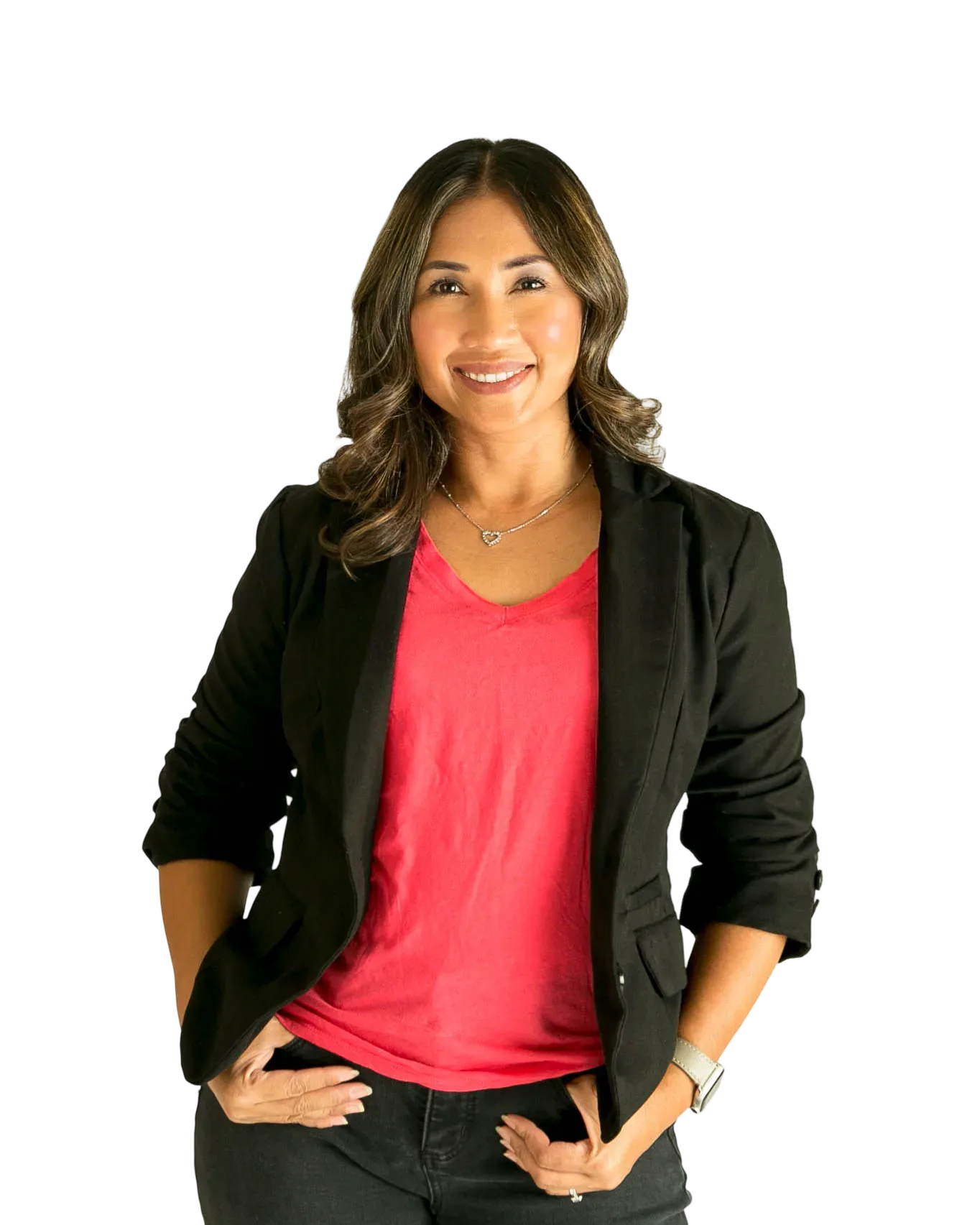 Phyllis Domingo, San Antonio REALTOR, in a black blazer over a bright pink top
