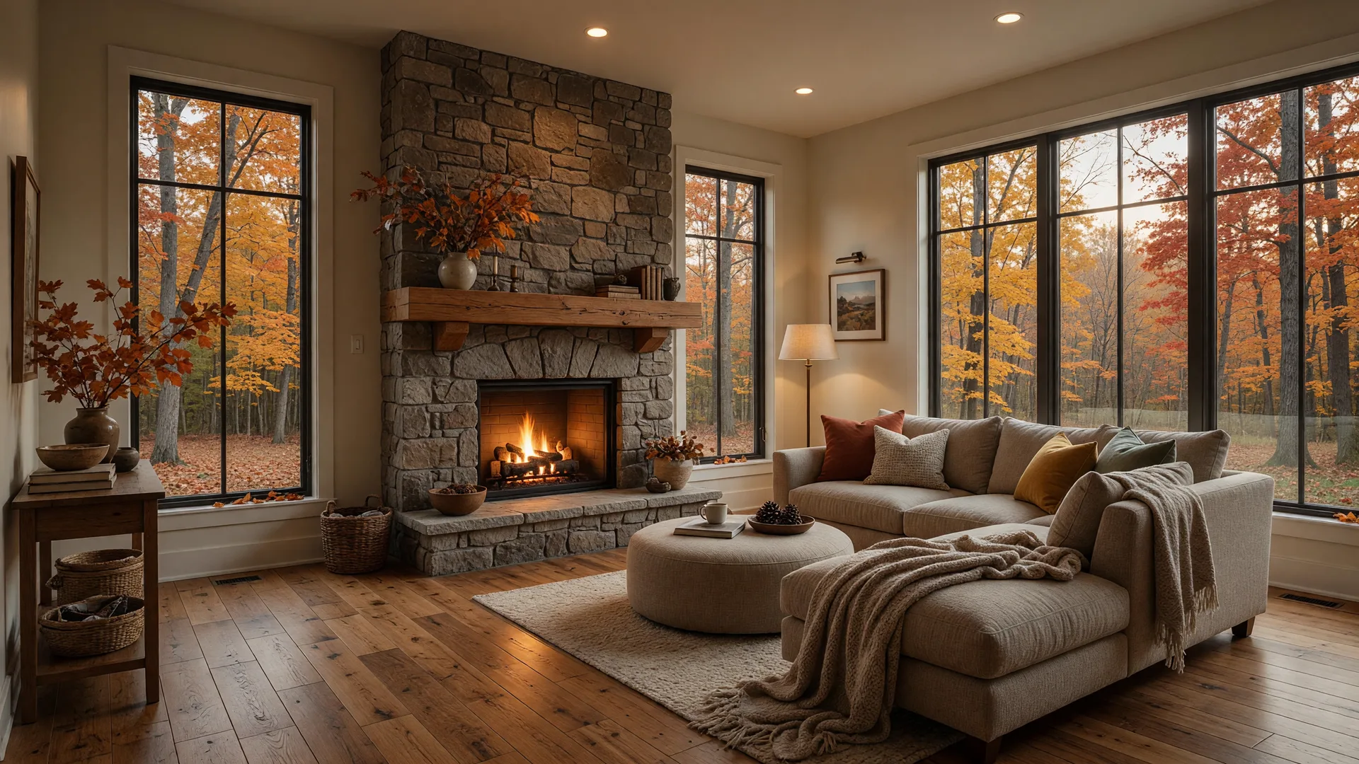 Custom home great room with a stone fireplace, tall windows, and autumn woodland views on a wooded one-acre homesite in Tyrone Township Michigan