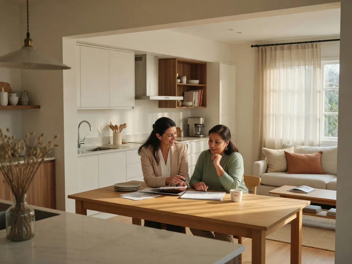 A real estate agent and homebuyer sitting together at a kitchen table reviewing documents on a tablet in a bright open-concept home with warm wood tones