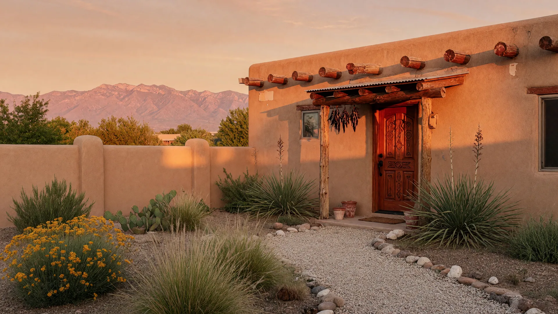 A small southwestern casita guesthouse in an Albuquerque backyard with xeriscape landscaping and the Sandia Mountains on the horizon
