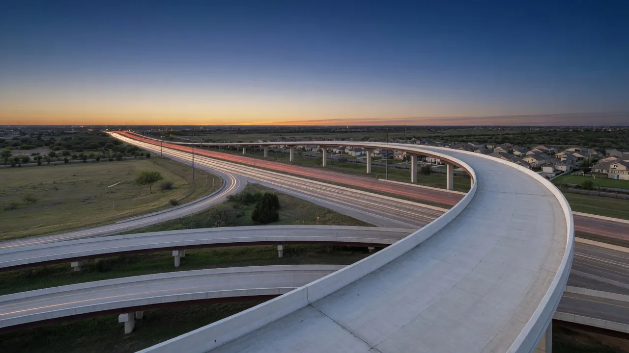 An elevated Texas freeway interchange at dusk with light trails