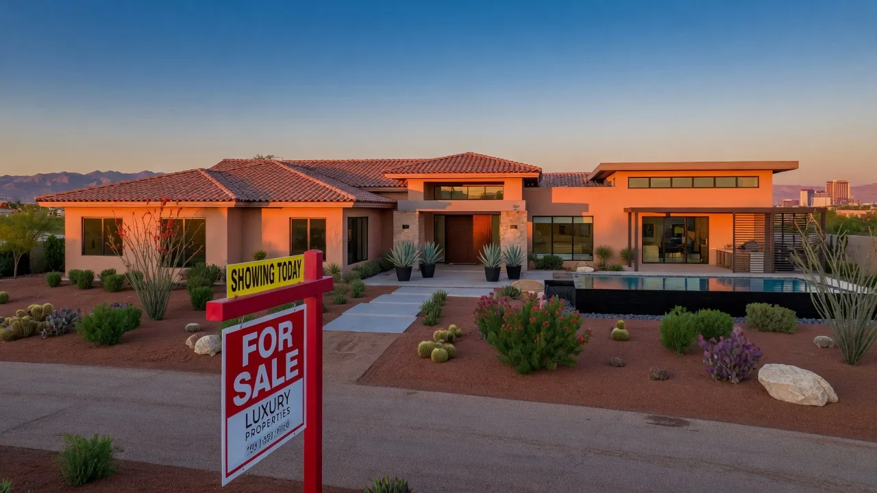 Modern Las Vegas desert-style home with a For Sale sign against a clear blue Nevada sky with distant mountains
