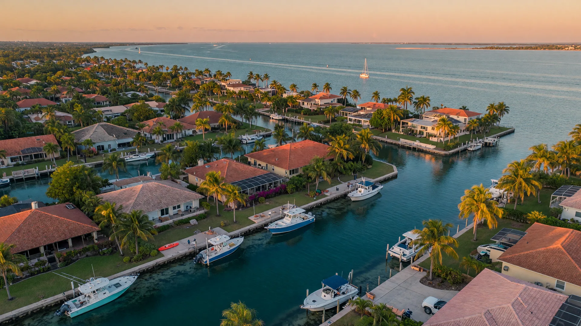 Aerial view of a Sarasota waterfront neighborhood at golden hour with canals, terracotta-roof homes, and docked boats