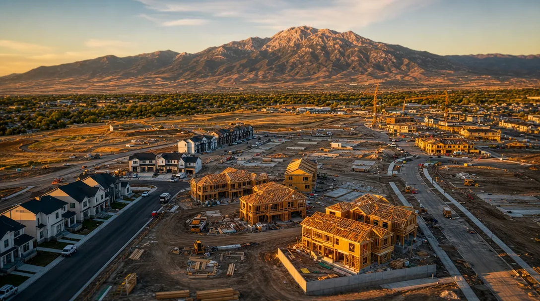 Aerial view of active new construction homebuilding sites across Utah's Wasatch Front at late summer golden hour with the Wasatch Mountains in the distance