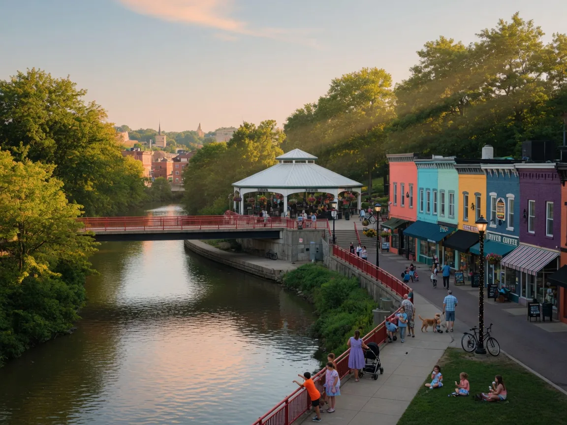 The Cuyahoga River winding through downtown Cuyahoga Falls with the Falls River Square pavilion, footbridge, and colorful storefronts along Front Street on a late summer afternoon