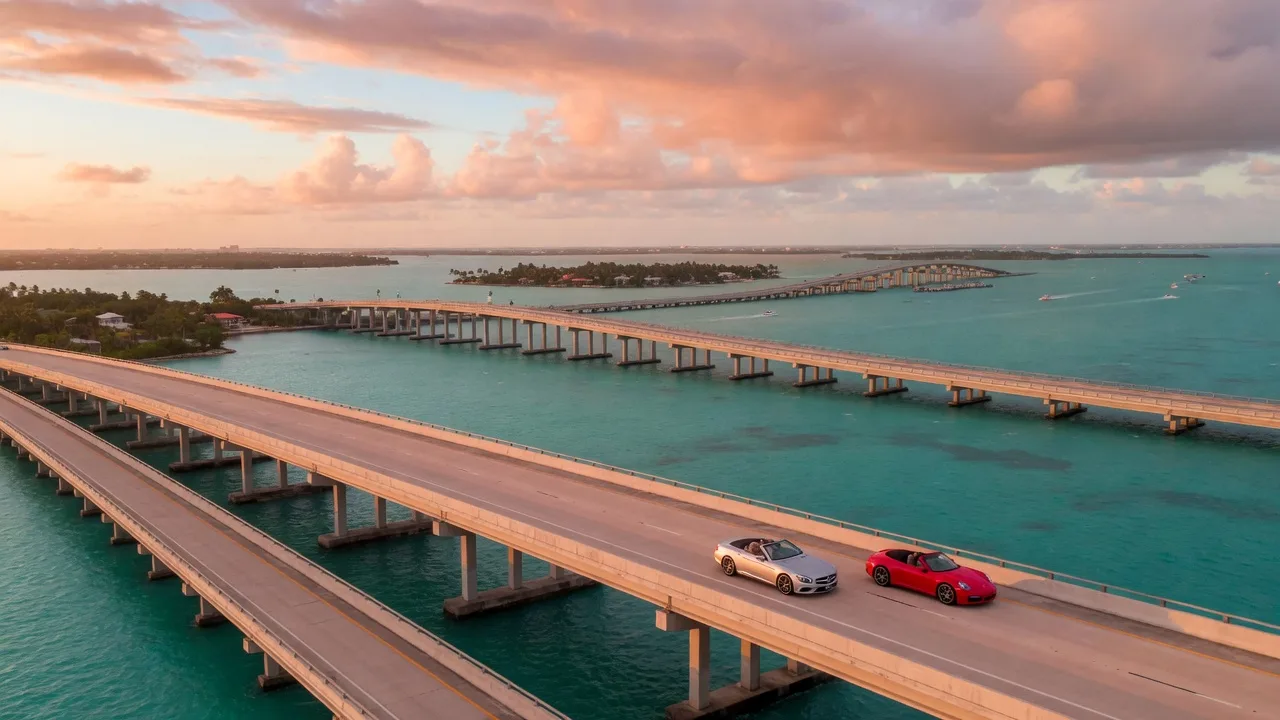 Drone aerial view of the Overseas Highway crossing turquoise Florida Bay at sunrise with two luxury convertibles driving south and dramatic morning clouds