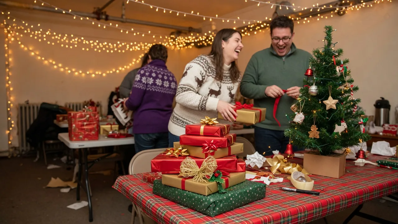 Community volunteers wrapping gifts at a warm indoor holiday gathering with a small decorated tree and string lights overhead