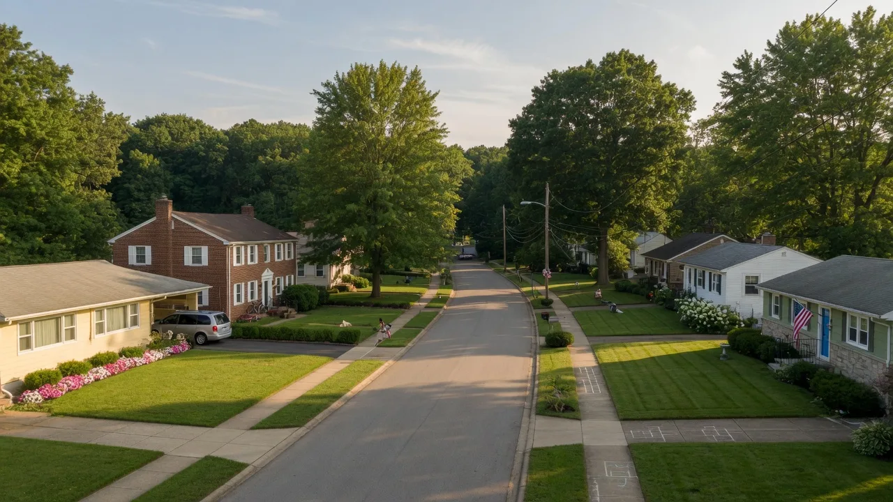 Peaceful residential street in Fairview Park, Ohio with well-maintained mid-century homes and mature shade trees on a sunny summer afternoon