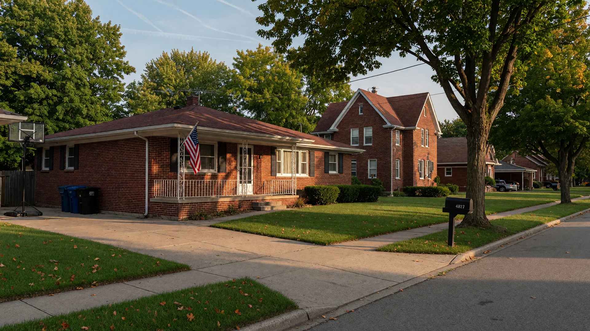 A classic red-brick ranch home with a neat lawn and American flag on the porch on a tree-lined suburban street in Huber Heights, Ohio in warm late-summer light