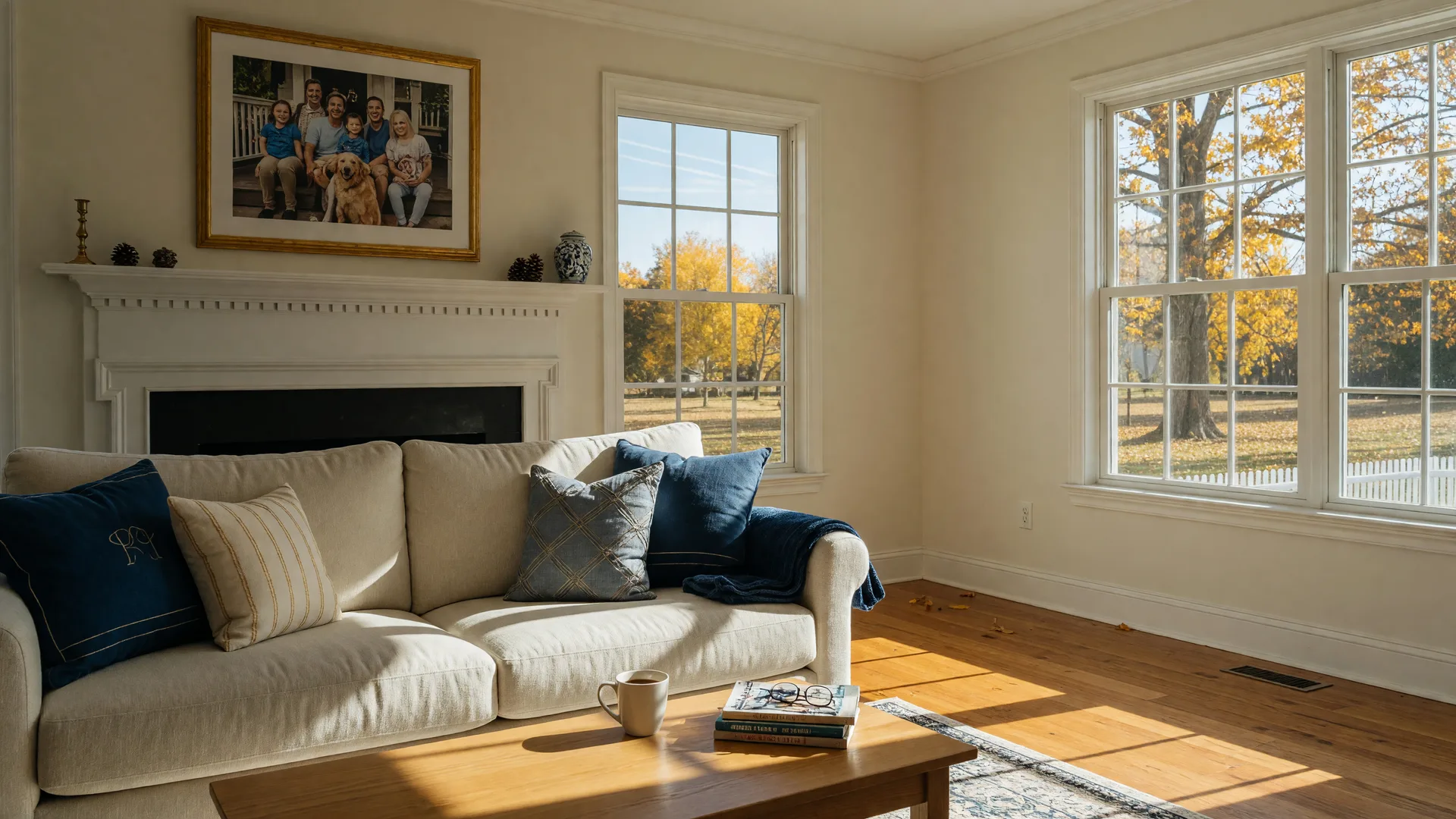 Bright family living room in a South Jersey colonial home with cream sofa, navy and gold pillows, and golden autumn light through the windows