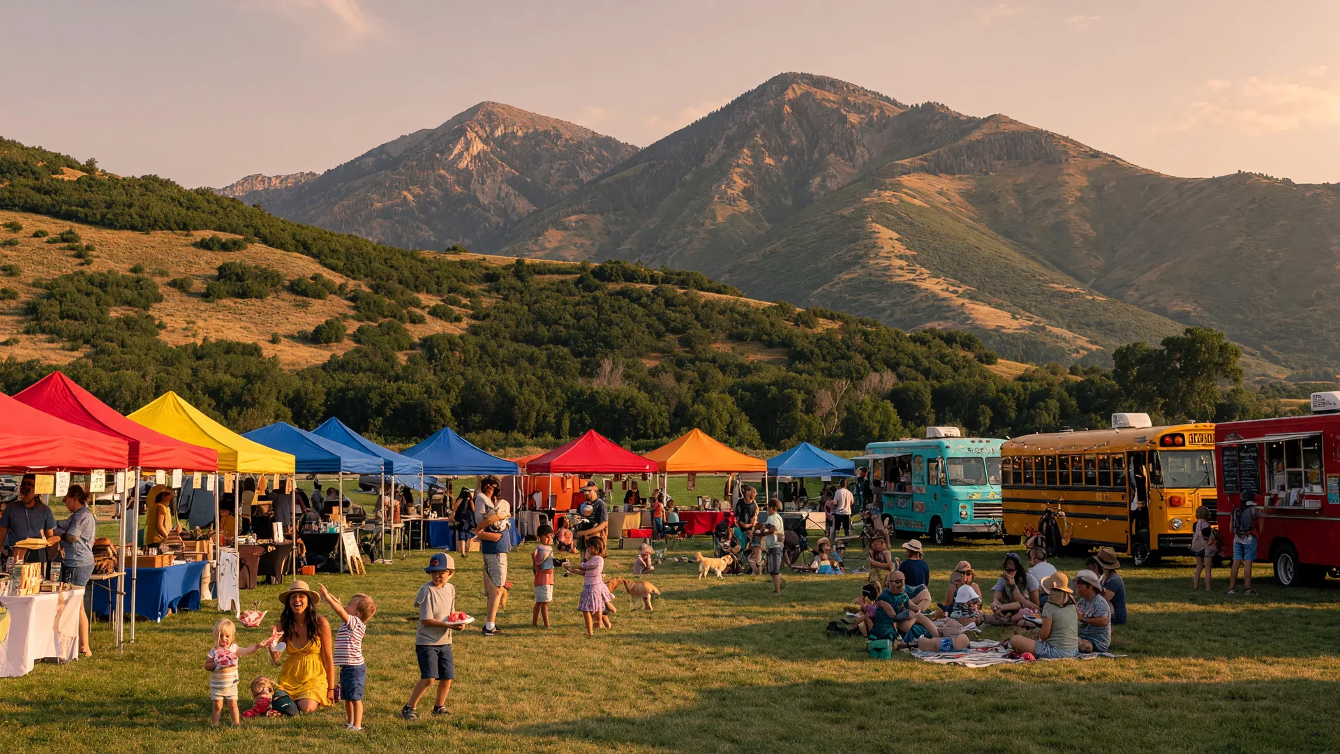 Summer festival scene along the Wasatch Front with market tents and the Wasatch Mountains in the background