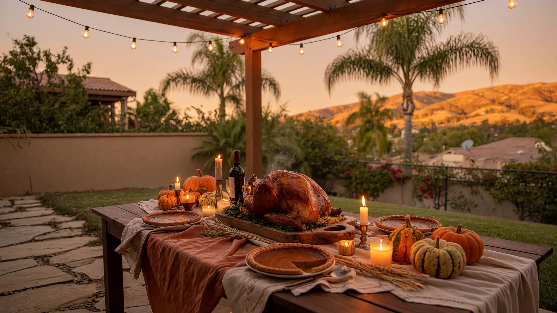 A Thanksgiving harvest table on a Southern California stone patio at golden hour, with a roasted turkey, pies, pumpkins, and warm candlelight beneath string lights