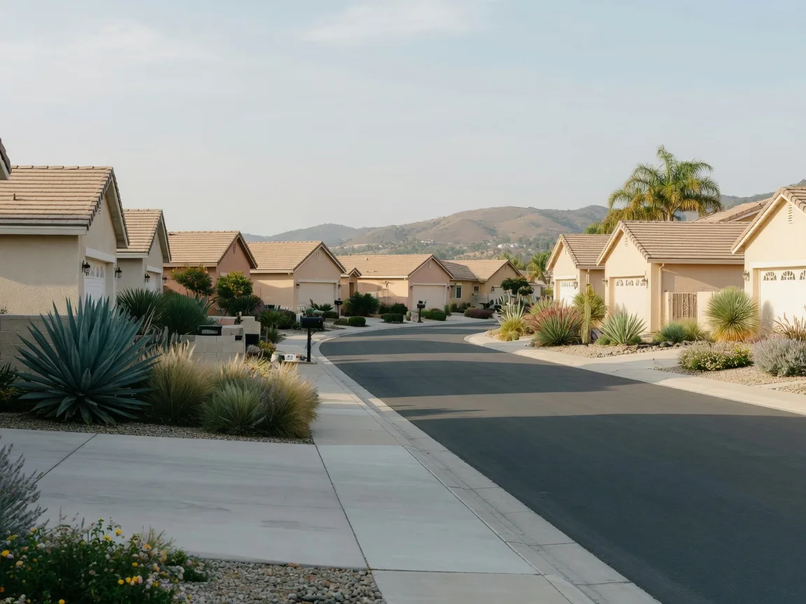 A quiet single-story street in an active adult community
