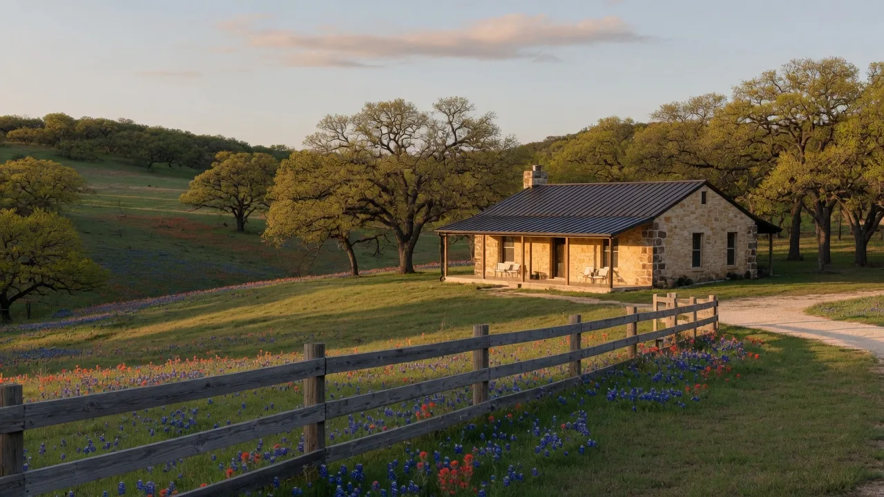 A single-story limestone Texas Hill Country home on rolling spring-green hills at golden hour, representing the spring selling season