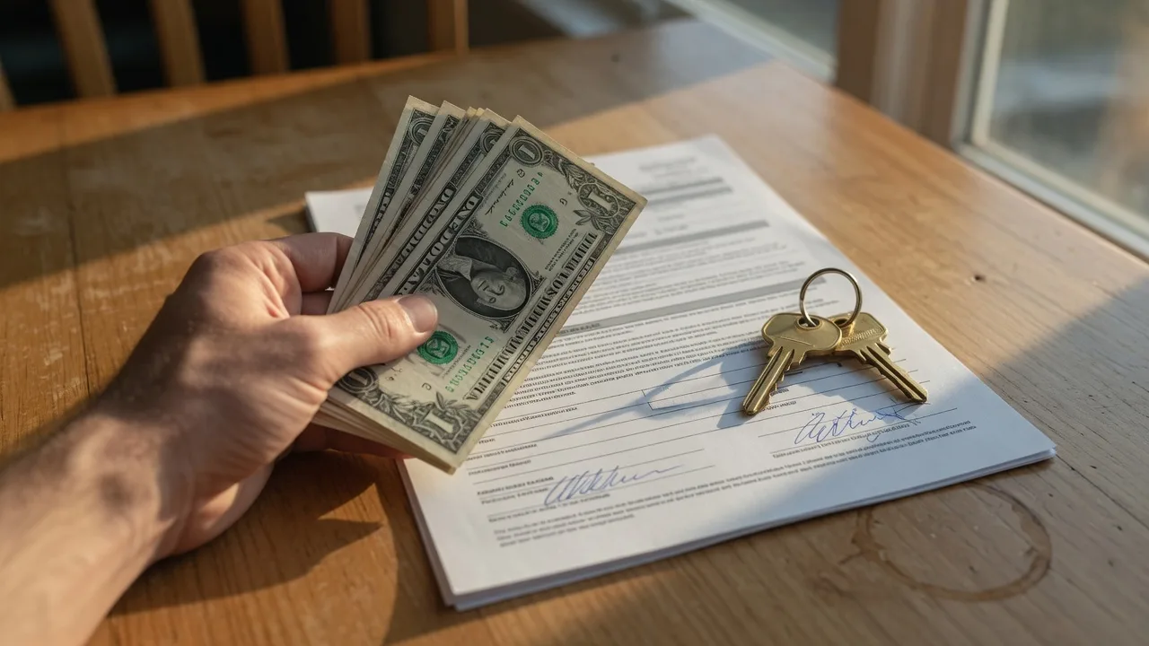 Hand holding a small stack of one-dollar bills over a signed contract with a brass house key