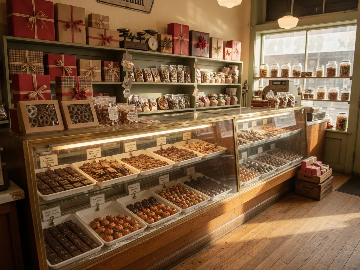 Inside a family-owned candy shop with glowing display counters of handcrafted chocolates and caramels