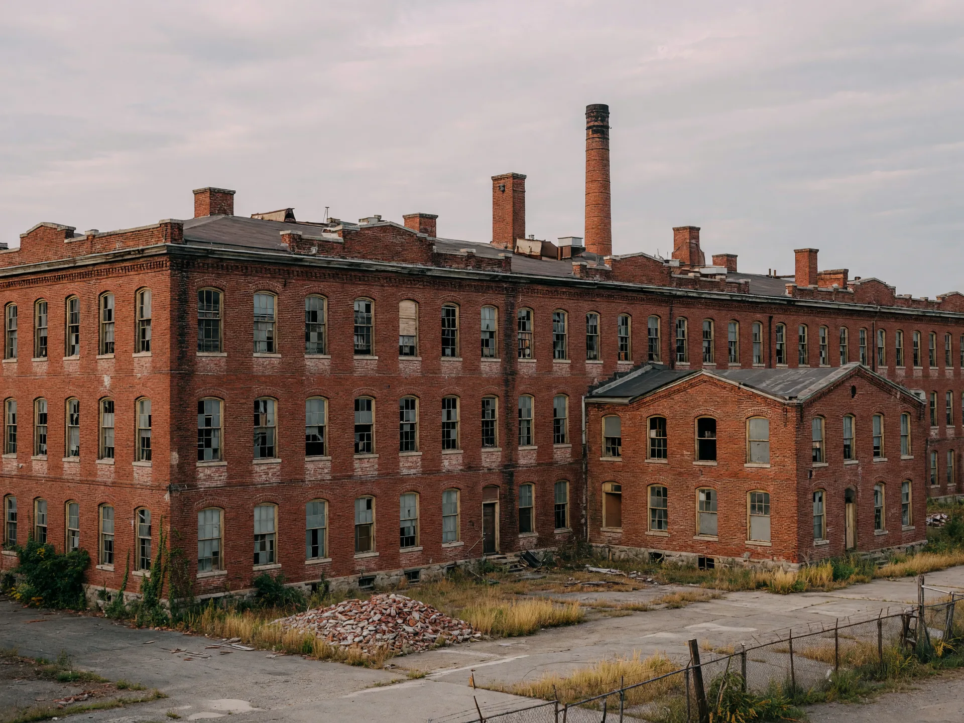 A large weathered red-brick industrial factory complex, the kind of building that once anchored the former Winchester site in New Haven