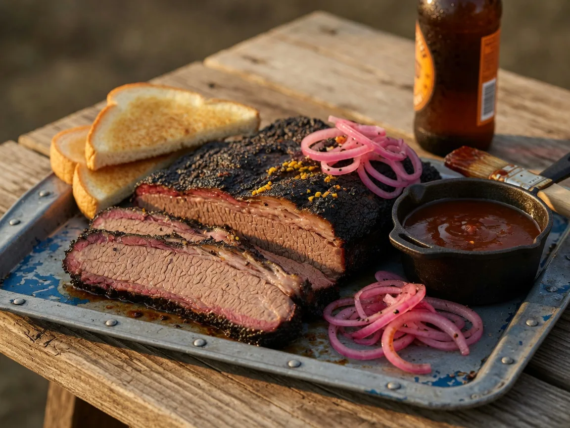 A Texas-style smoked brisket platter with charred bark, Texas toast, and pickled onions at The Artisan in Buford Georgia