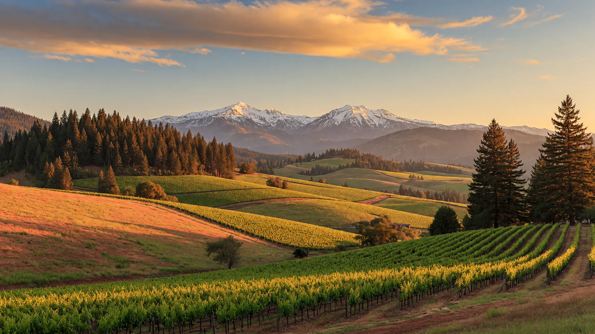 Rogue Valley vineyard landscape at golden hour with snow-capped mountains