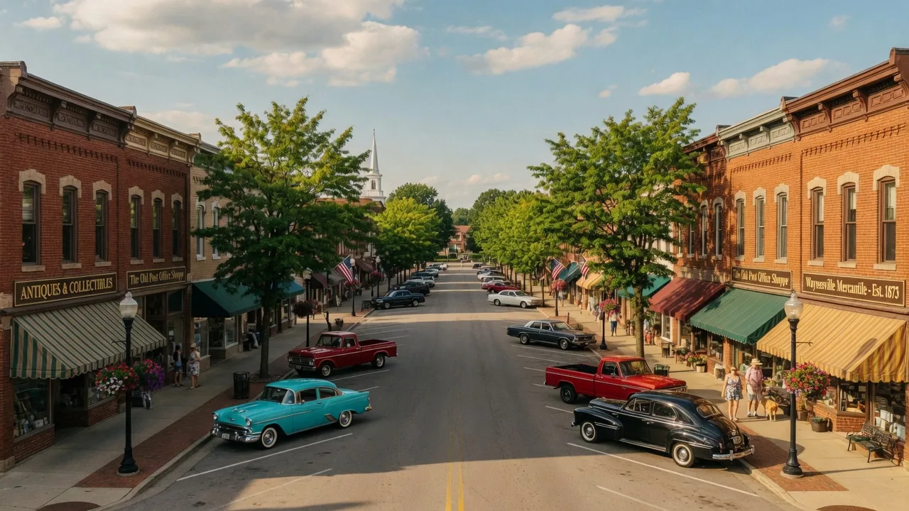 Historic downtown Waynesville, Ohio with 19th-century brick storefronts and a charming small-town Main Street
