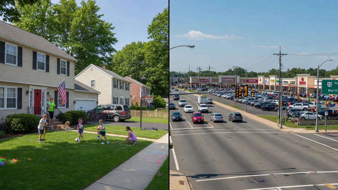Split-screen view of Marlton NJ showing family home life and the Route 73 shopping corridor