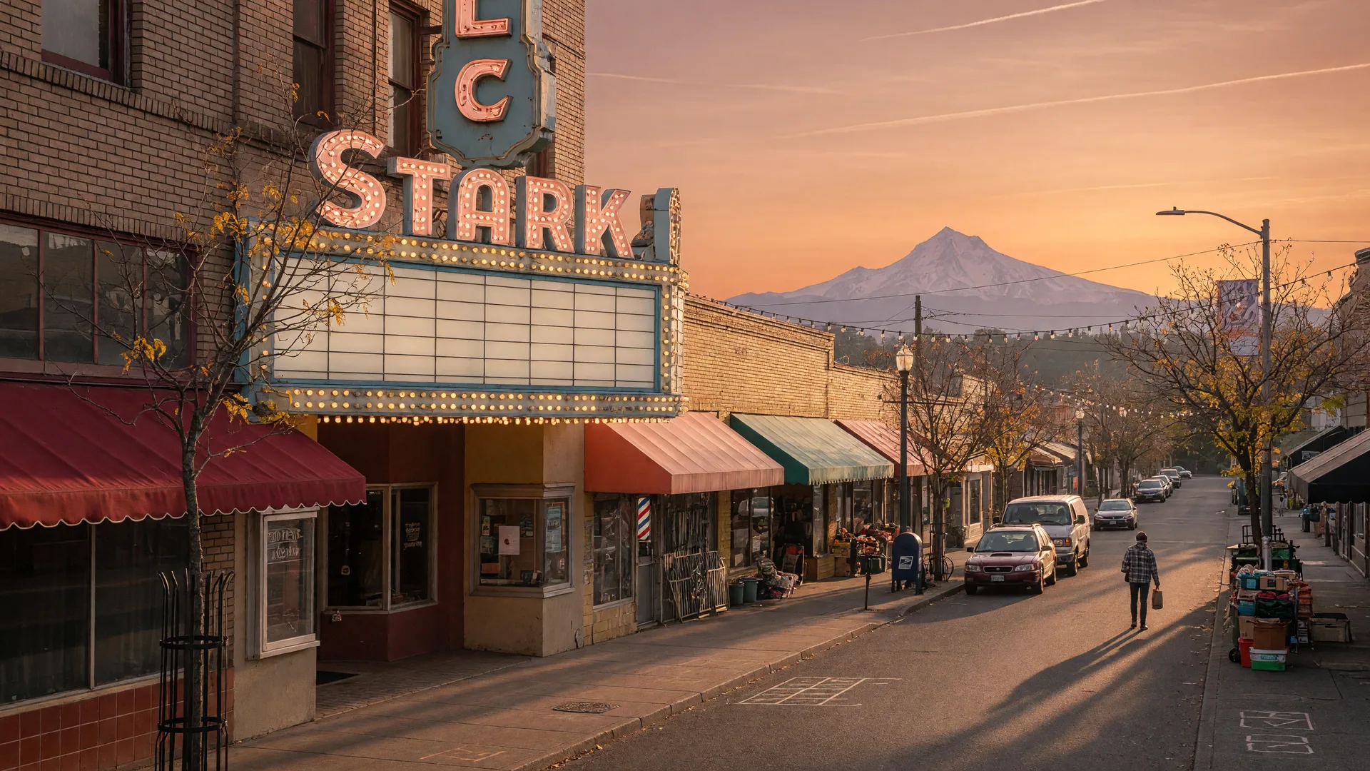 A vintage movie theater marquee glowing among storefronts on SE Stark Street in Montavilla at golden hour