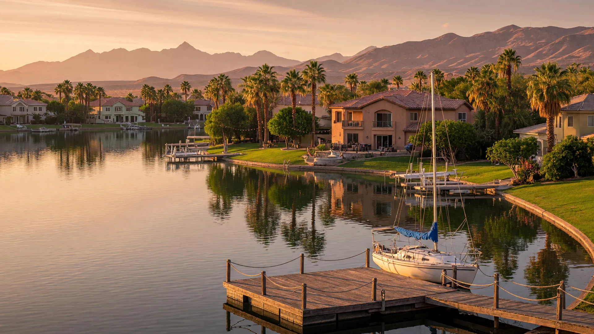 West Las Vegas lakefront community with calm lake water, a private dock, a small sailboat and palm-lined waterfront homes
