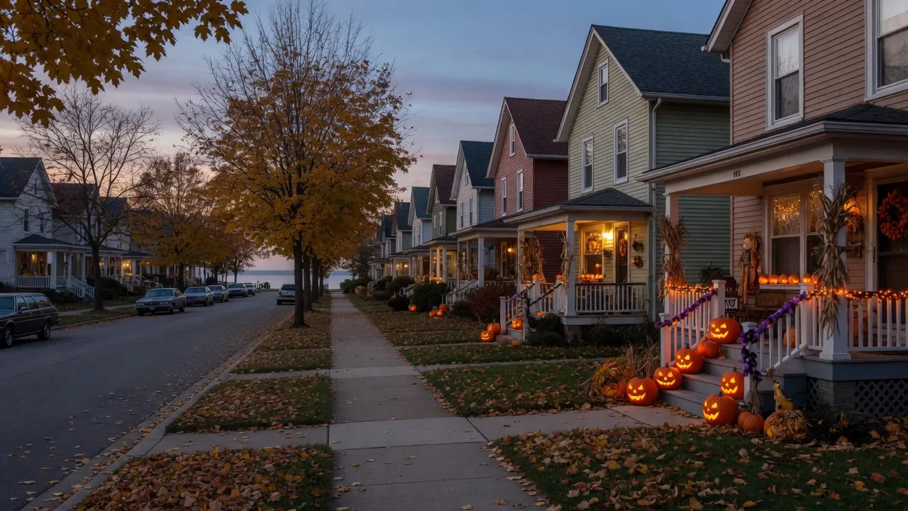 A dusk view of a Euclid lakefront neighborhood street in late October with glowing jack-o'-lanterns and orange porch lights