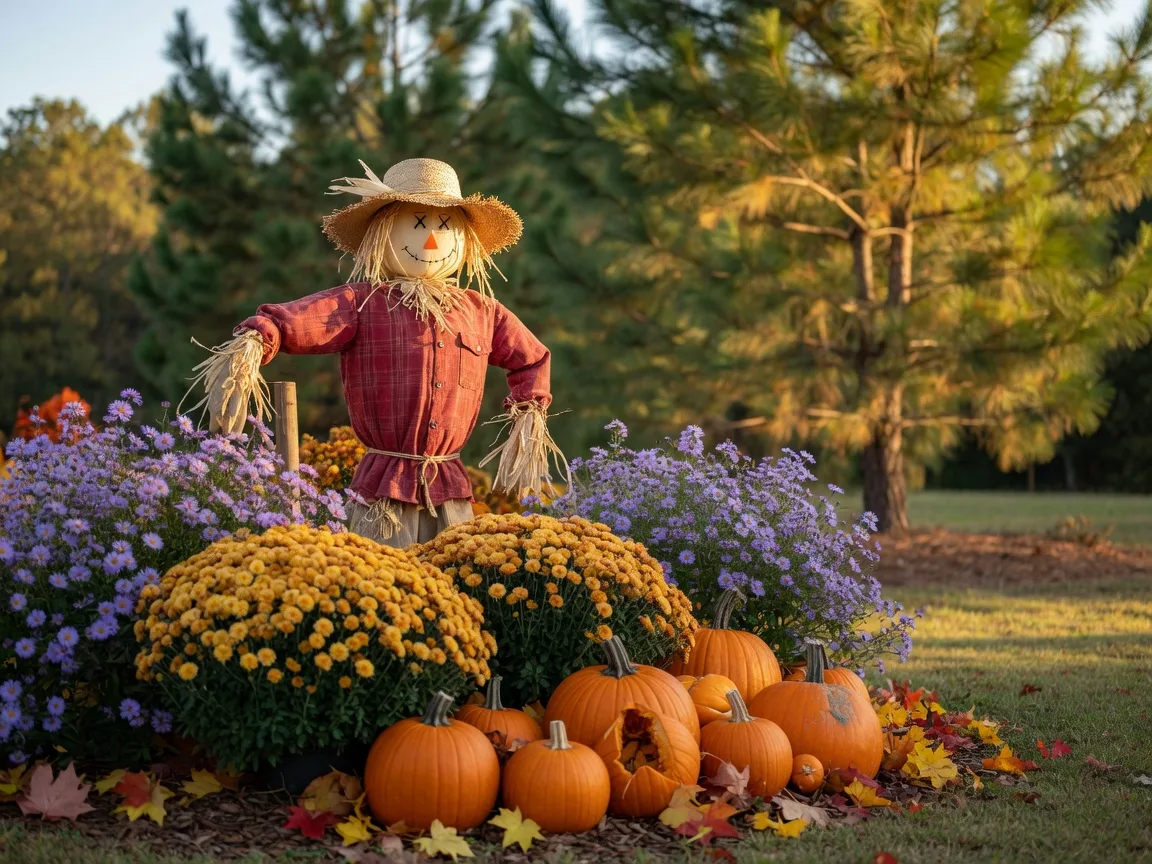A scarecrow in a flannel shirt and straw hat standing among mums, asters and pumpkins at the Sandhills Horticultural Gardens