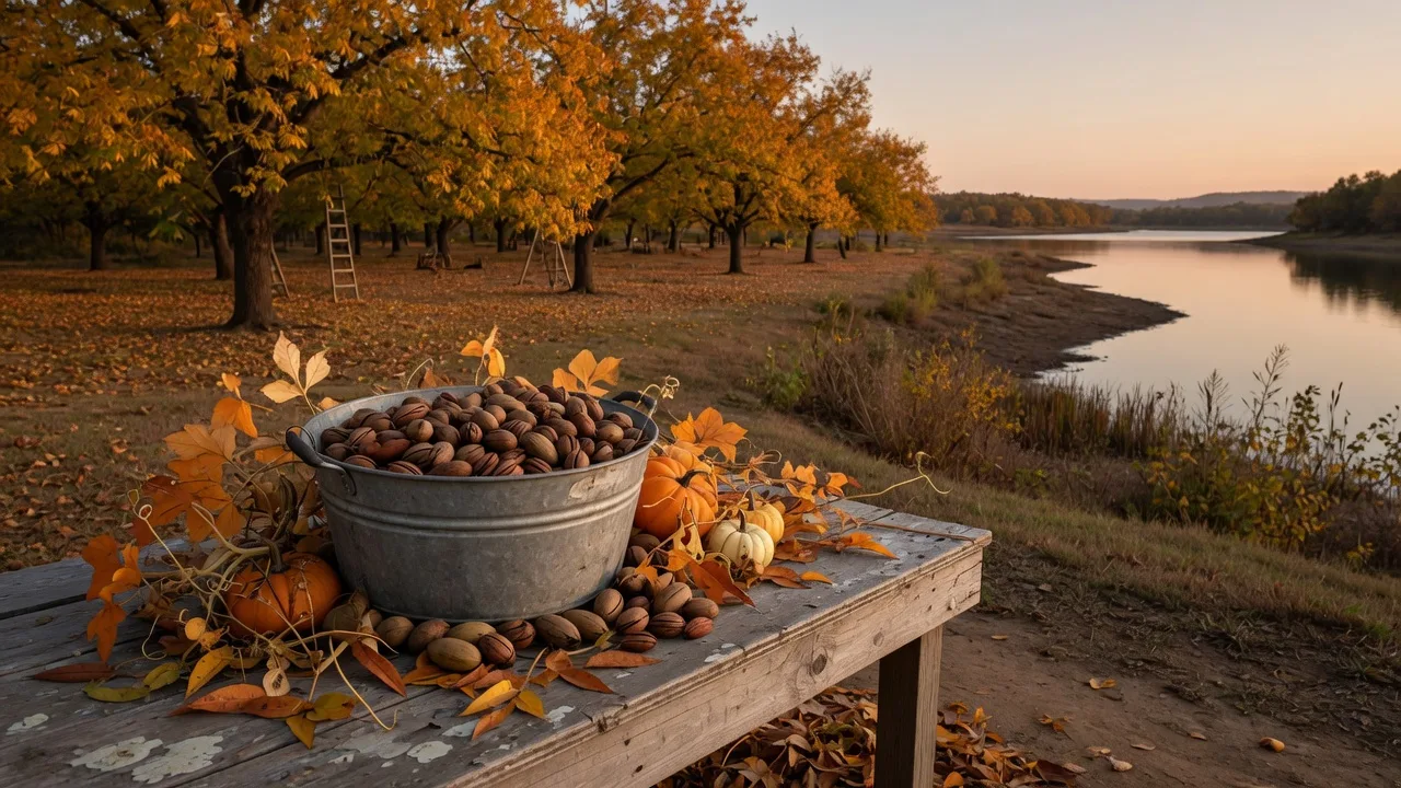 Fall harvest scene at a rural Georgia farm: a galvanized basket heaped with fresh pecans on a weathered wooden table, with a golden pecan grove and a calm lake shoreline in the soft autumn light