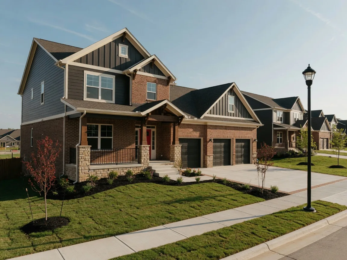 Stunning new-construction craftsman-style home exterior in South Kansas City with stone columns and welcoming front porch