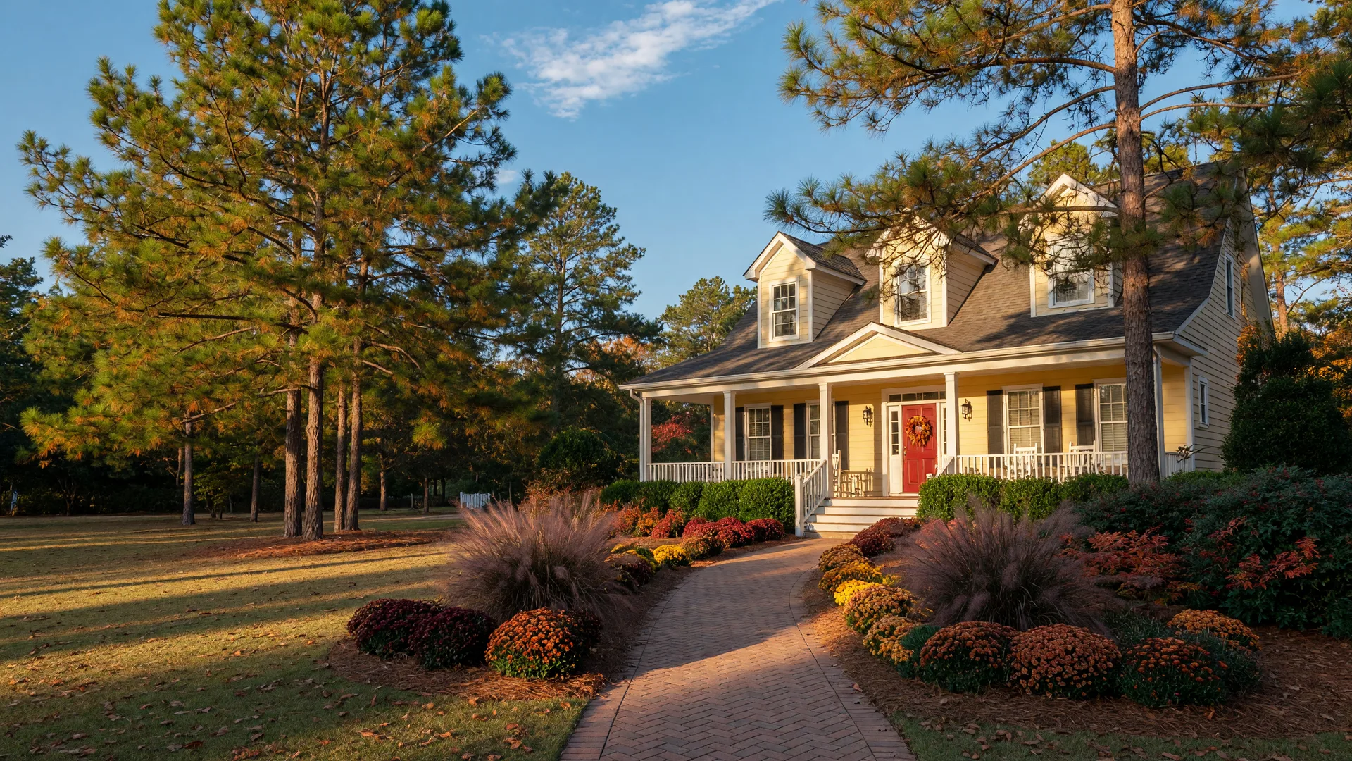 A welcoming two-story Southern home among longleaf pines in Pinehurst, NC on a bright autumn morning