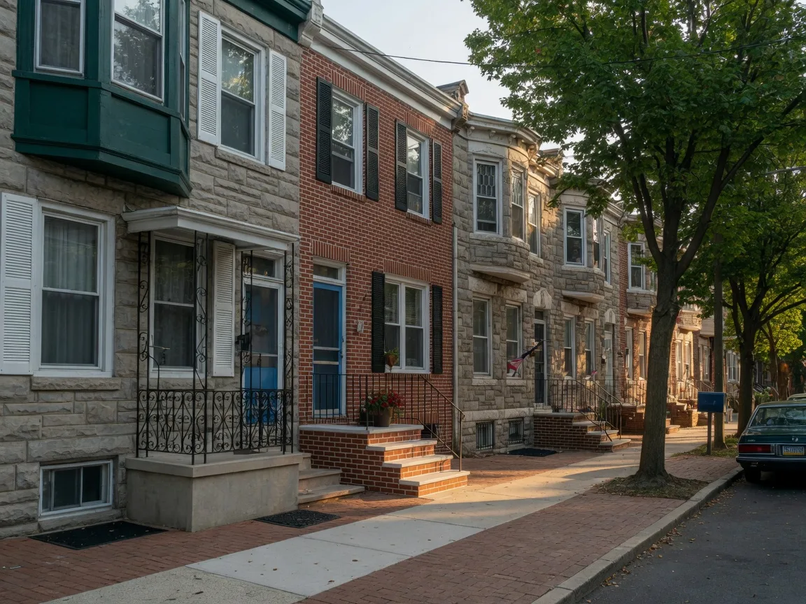 Historic stone twins and brick rowhouses on a tree-lined block in Cedarbrook and West Oak Lane