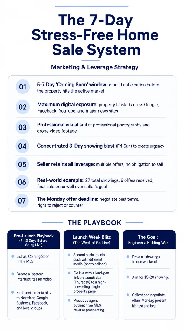 The 7-Day Stress-Free Home Sale System infographic: a Coming Soon window, maximum digital exposure, a professional visual suite, a weekend showing blitz, and a Monday offer deadline