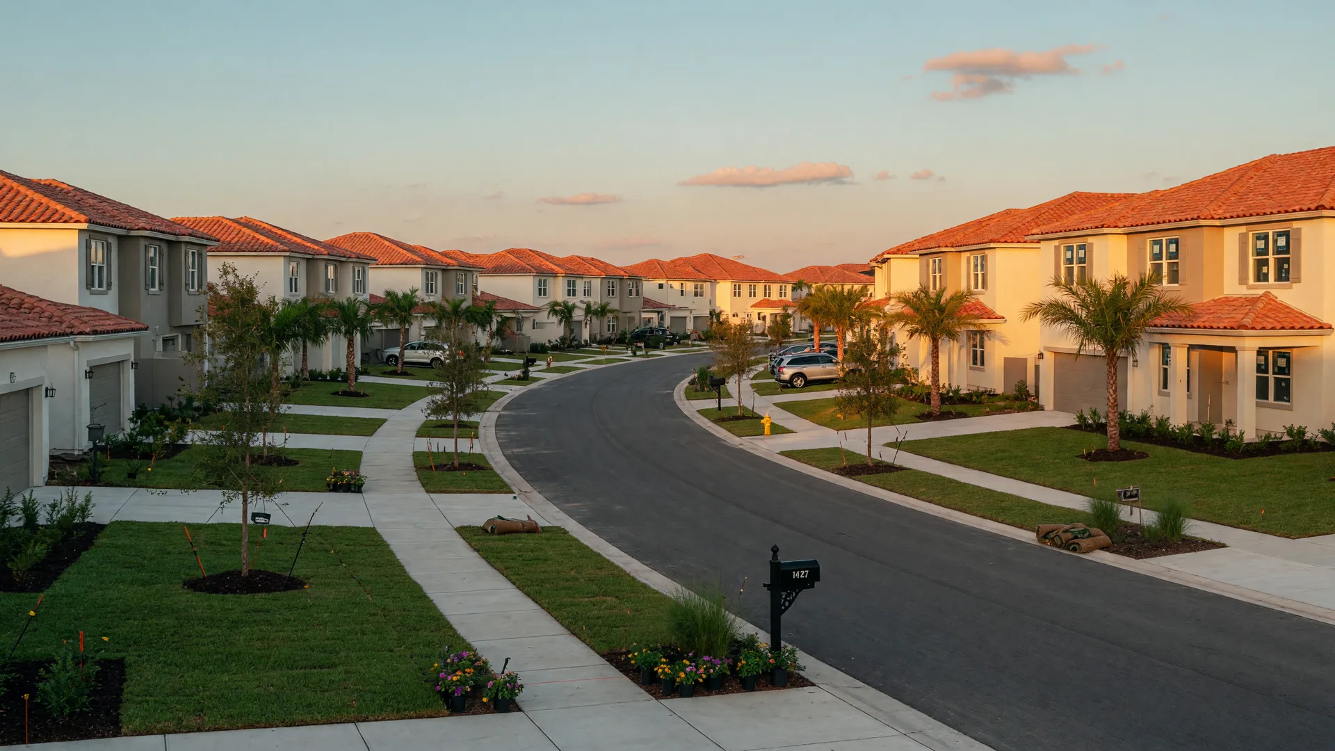 A brand-new Central Florida community at golden hour: stucco homes with tile roofs along a curving street lined with palm trees.