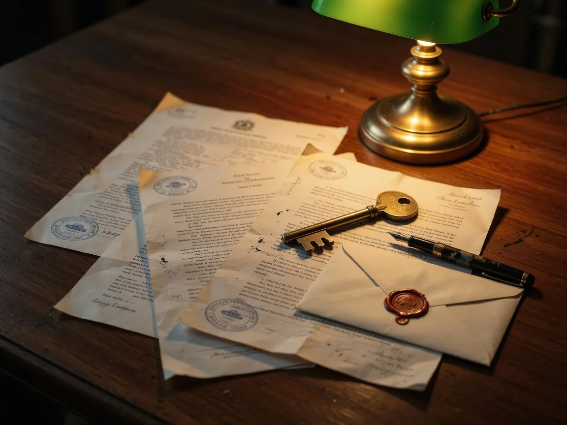 Legal documents and a house key on a dark wooden desk representing estate administration paperwork